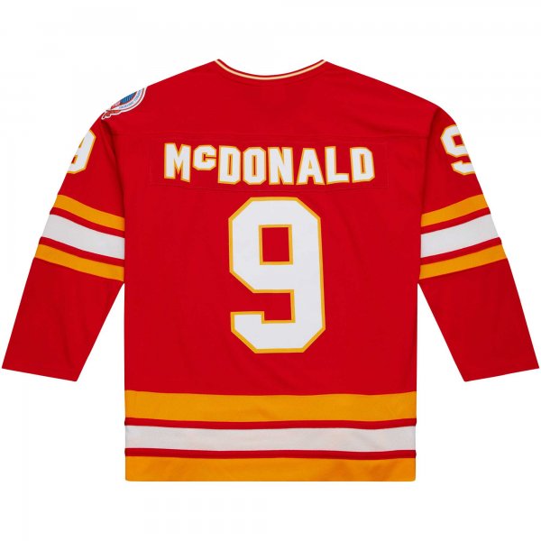 Men's Calgary Flames Lanny McDonald Mitchell & Ness Red Captain Patch 1988/89 Blue Line Player Jersey